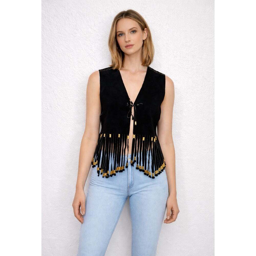 Vintage Black Fringe leather Vest | Beaded Western Boho Festival Top